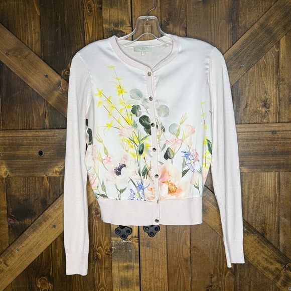 TED BAKER Mixed Media Silky Front Floral Pale Pink Cardigan Sweater Sz 1 (0-2) - Picture 5 of 13